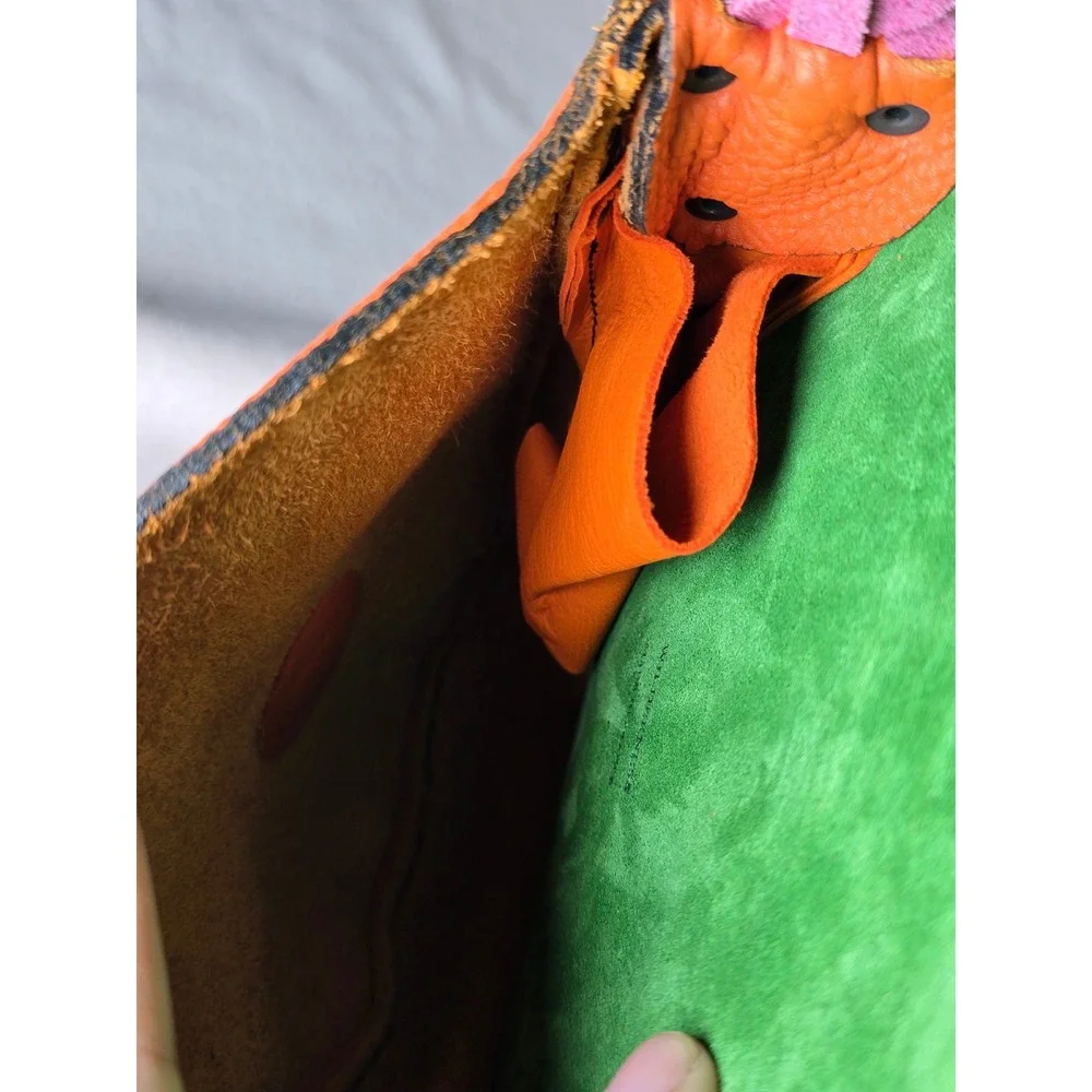 Handmade Leather Crossbody Bag Braided Strap Colorblock Pink Orange Green - Picture 8 of 16